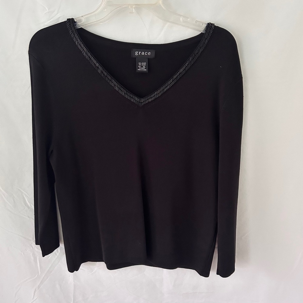 Grace Black Beaded V-Neck Long Sleeve Knit Top Blouse‎ Womens Size XL